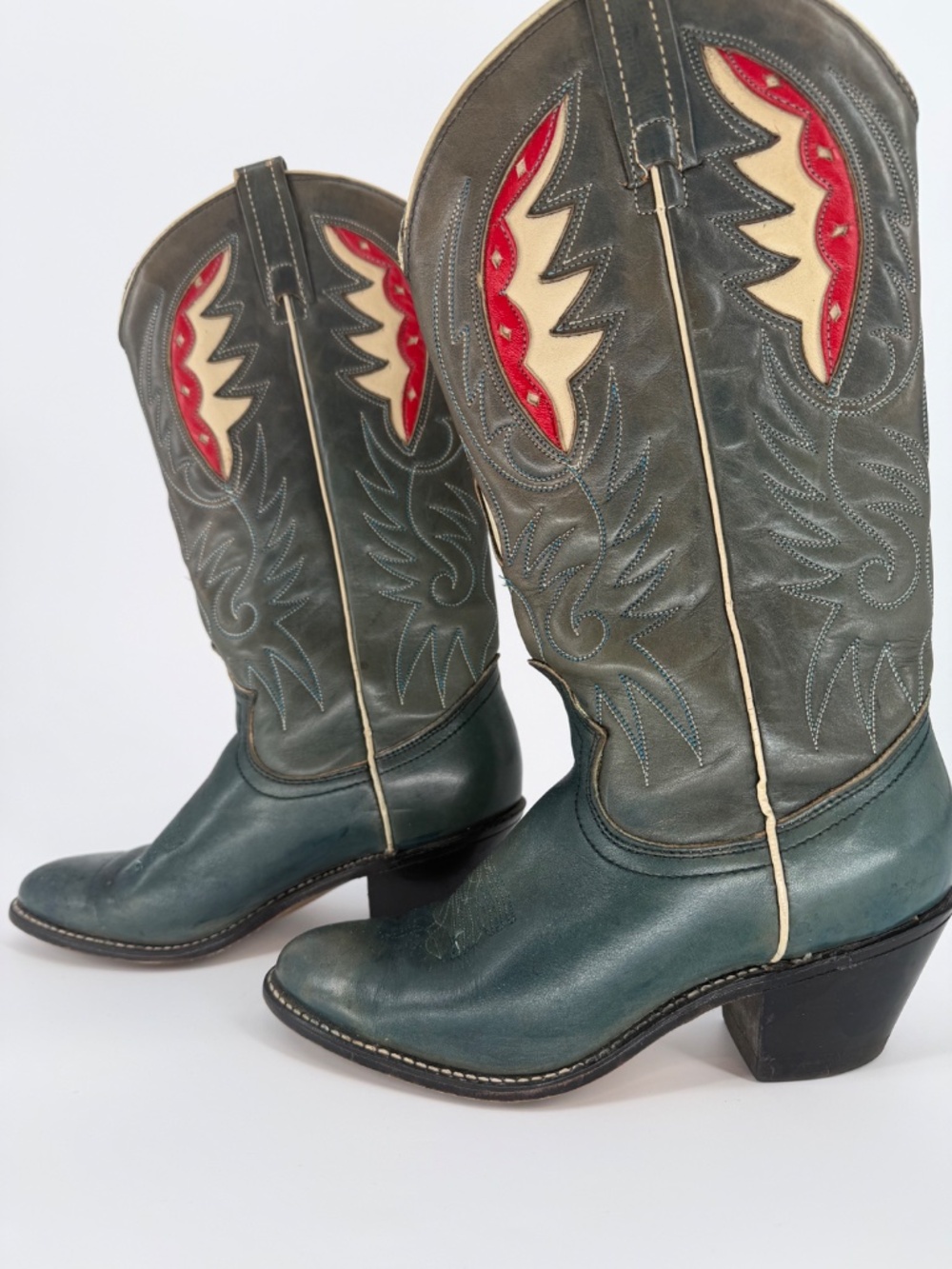 Vintage 70s Acme Teal Green Leather Cowboy Boots Red Cream Flame Inlay Tall